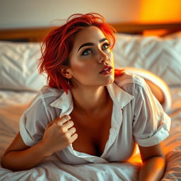 A sexy, beautiful model with captivating green eyes and striking red hair, fully clothed, laying on a bed in alluring orange sunset light