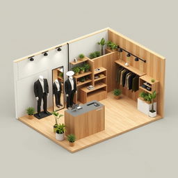 2D perspective floor plan of a 3 meters by 3 meters booth for a minimalist and contemporary men's clothing brand, using natural colors and materials