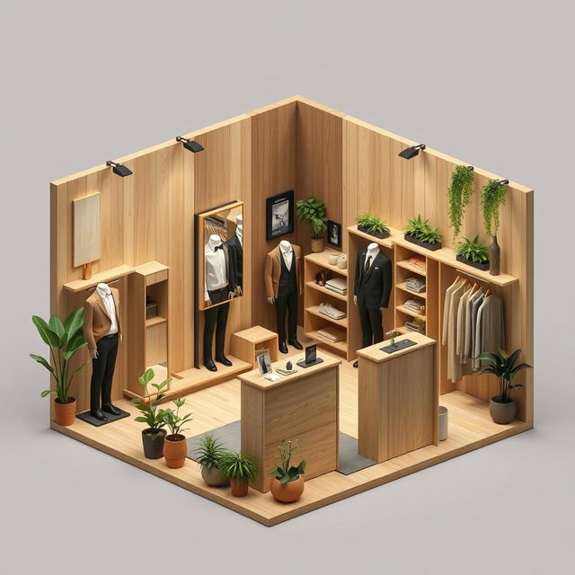 2D perspective floor plan of a 3 meters by 3 meters booth for a minimalist and contemporary men's clothing brand, using natural colors and materials