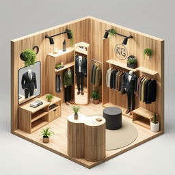 2D perspective floor plan of a 3 meters by 3 meters booth for a minimalist and contemporary men's clothing brand, using natural colors and materials