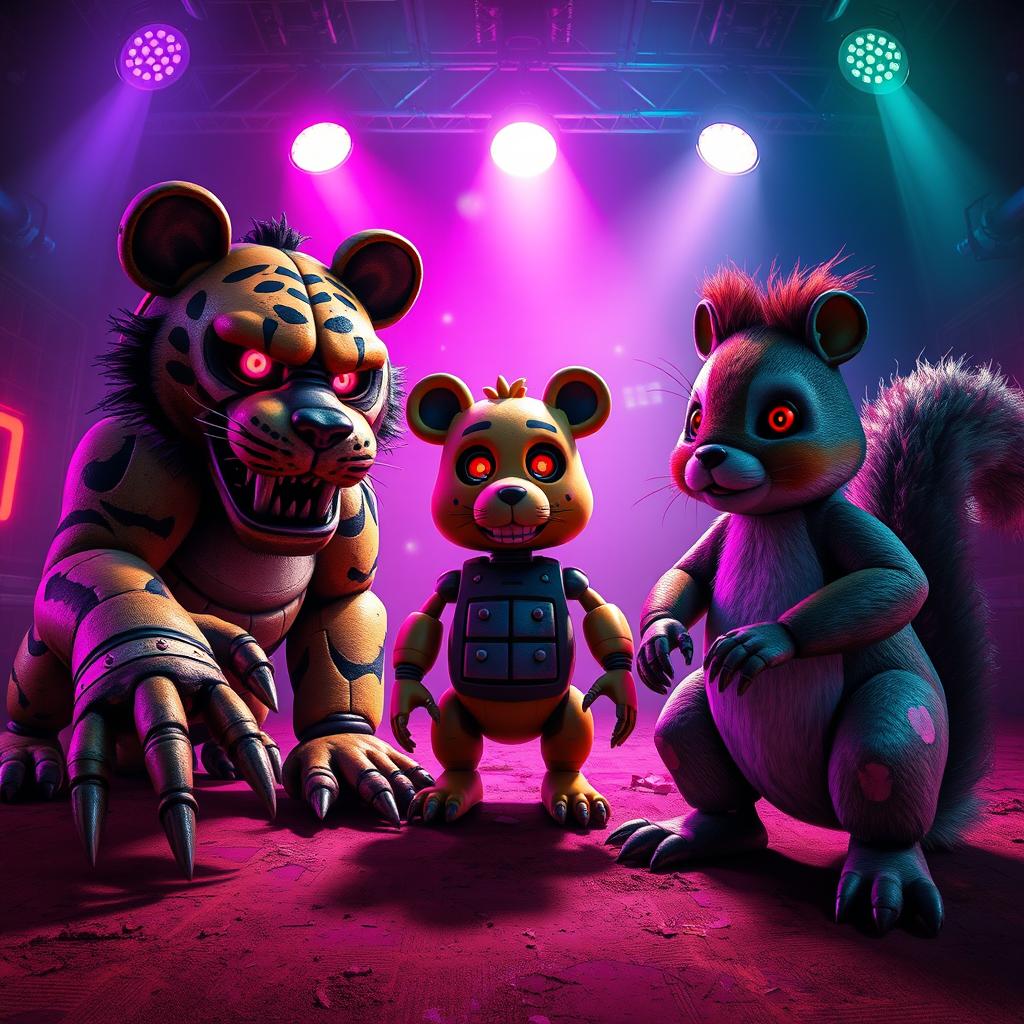 A vibrant yet gritty 80s-themed poster featuring three animatronics on a dusty stage, inspired by Five Nights at Freddy's