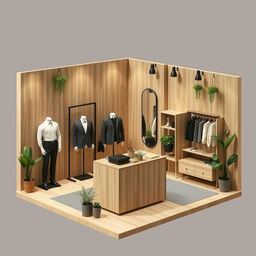 2D perspective floor plan of a 3 meters by 3 meters booth for a minimalist and contemporary men's clothing brand, using natural colors and materials