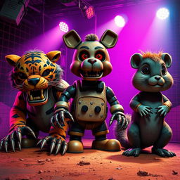 A vibrant yet gritty 80s-themed poster featuring three animatronics on a dusty stage, inspired by Five Nights at Freddy's