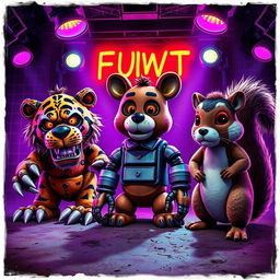 A vibrant yet gritty 80s-themed poster featuring three animatronics on a dusty stage, inspired by Five Nights at Freddy's