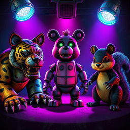 A vibrant yet gritty 80s-themed poster featuring three animatronics on a dusty stage, inspired by Five Nights at Freddy's