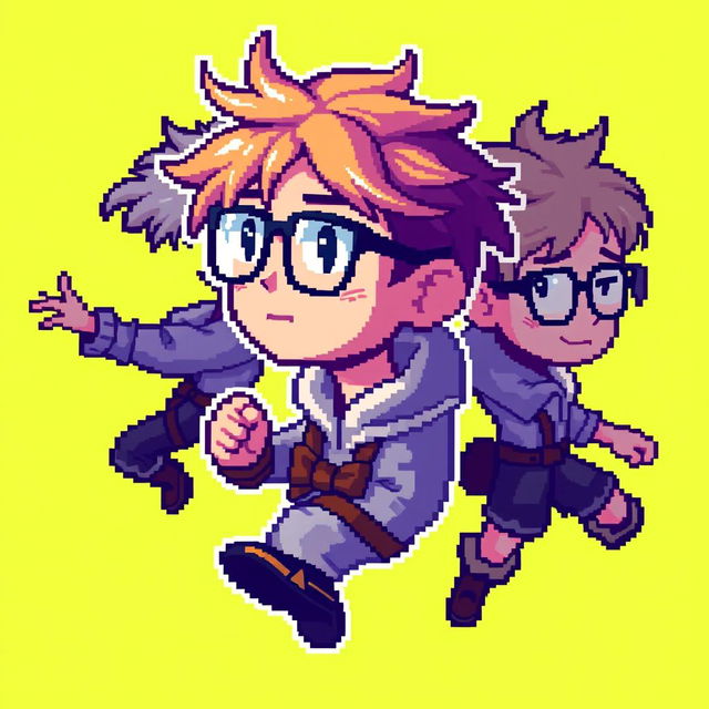 A pixelated RPG-style sprite of a young man with slightly tousled hair and glasses, portrayed in a series of dynamic movements