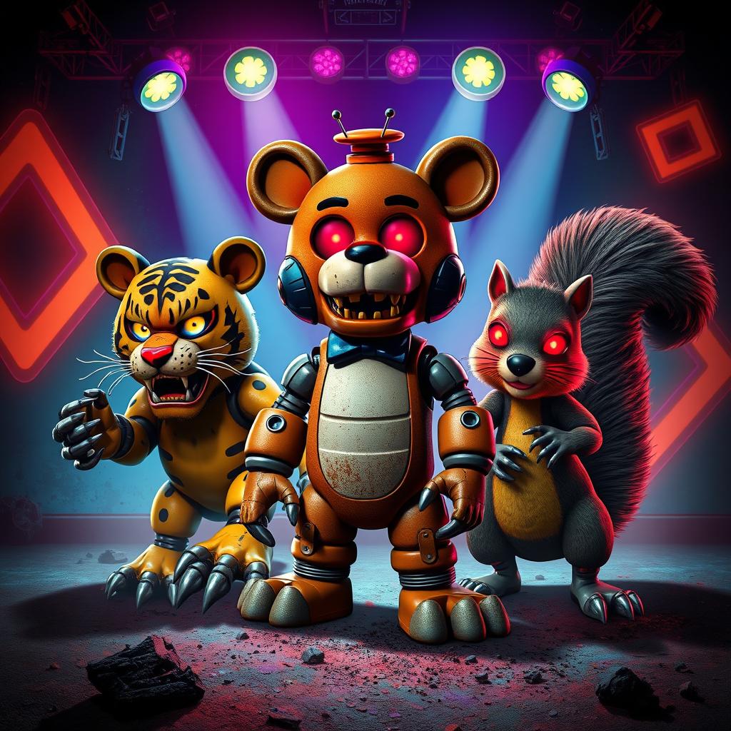 A dynamic poster in the vibrant, gritty style of the 80s featuring three animatronic characters reminiscent of Five Nights at Freddy's