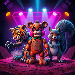 A dynamic poster in the vibrant, gritty style of the 80s featuring three animatronic characters reminiscent of Five Nights at Freddy's