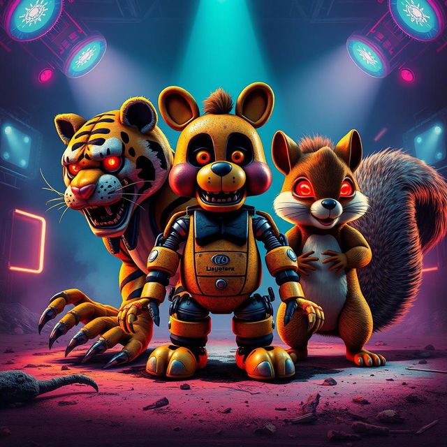 A dynamic poster in the vibrant, gritty style of the 80s featuring three animatronic characters reminiscent of Five Nights at Freddy's