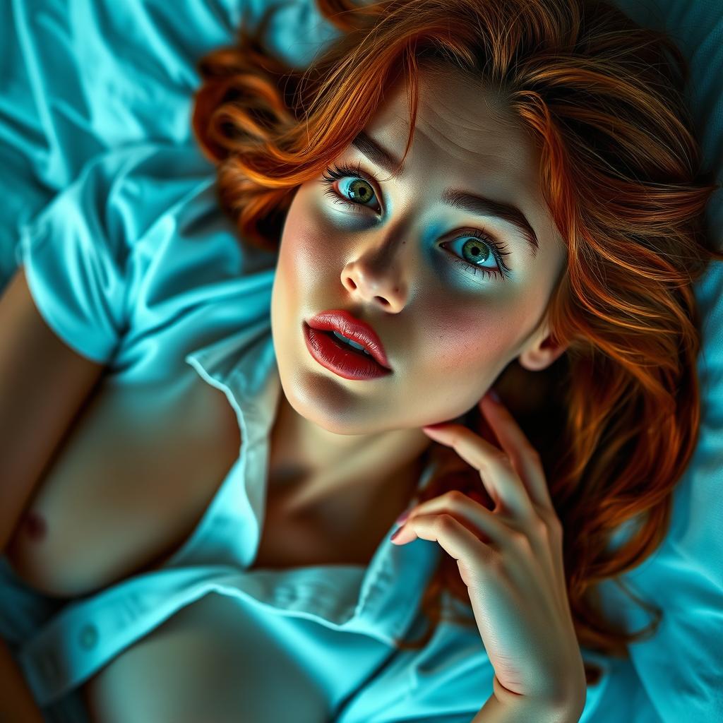 A sexy, beautiful model with captivating green eyes and striking red hair, fully clothed, laying on a bed