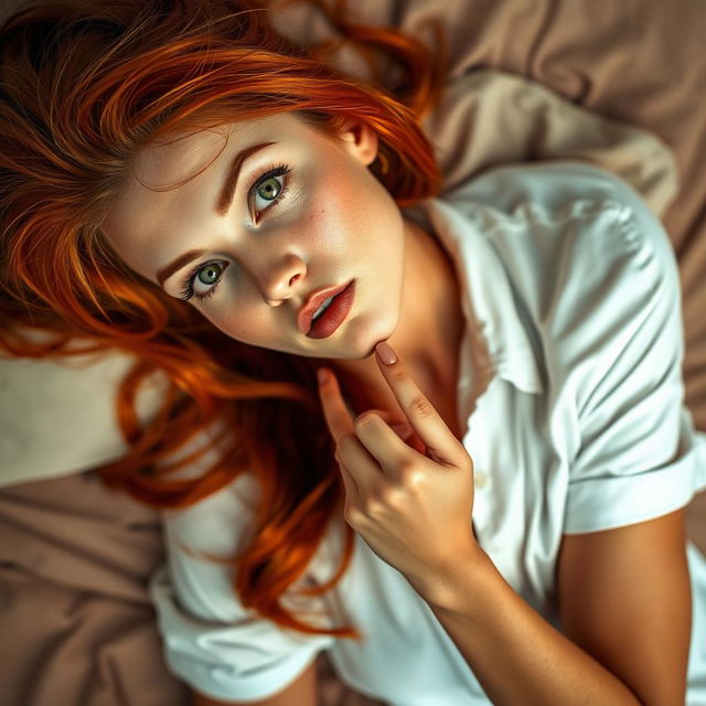 A sexy, beautiful model with captivating green eyes and striking red hair, fully clothed, laying on a bed