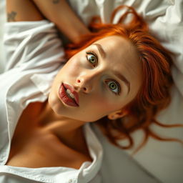 A sexy, beautiful model with captivating green eyes and striking red hair, fully clothed, laying on a bed