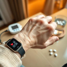 A close-up of an elderly person's wrist adorned with a digital smartwatch displaying heart rate readings