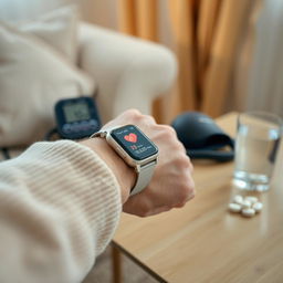 A close-up of an elderly person's wrist adorned with a digital smartwatch displaying heart rate readings