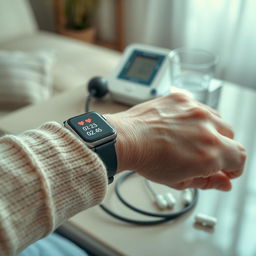 A close-up of an elderly person's wrist adorned with a digital smartwatch displaying heart rate readings