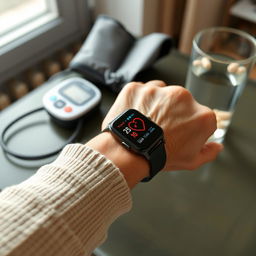 A close-up of an elderly person's wrist adorned with a digital smartwatch displaying heart rate readings