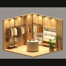 2D perspective floor plan of a 3 meters by 3 meters booth for a minimalist and contemporary men's clothing brand that uses natural colors and materials