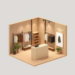 2D perspective floor plan of a 3 meters by 3 meters booth for a minimalist and contemporary men's clothing brand that uses natural colors and materials