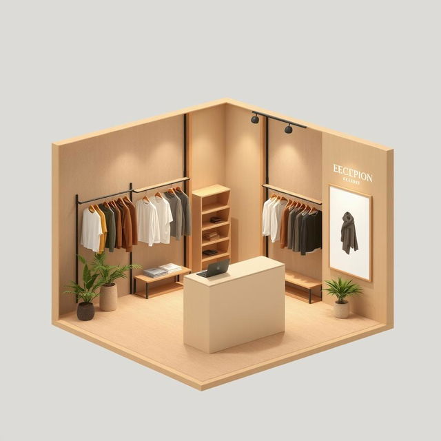 2D perspective floor plan of a 3 meters by 3 meters booth for a minimalist and contemporary men's clothing brand that uses natural colors and materials