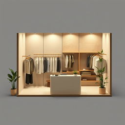 2D perspective floor plan of a 3 meters by 3 meters booth for a minimalist and contemporary men's clothing brand that uses natural colors and materials