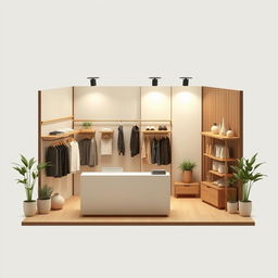 2D perspective floor plan of a 3 meters by 3 meters booth for a minimalist and contemporary men's clothing brand that uses natural colors and materials