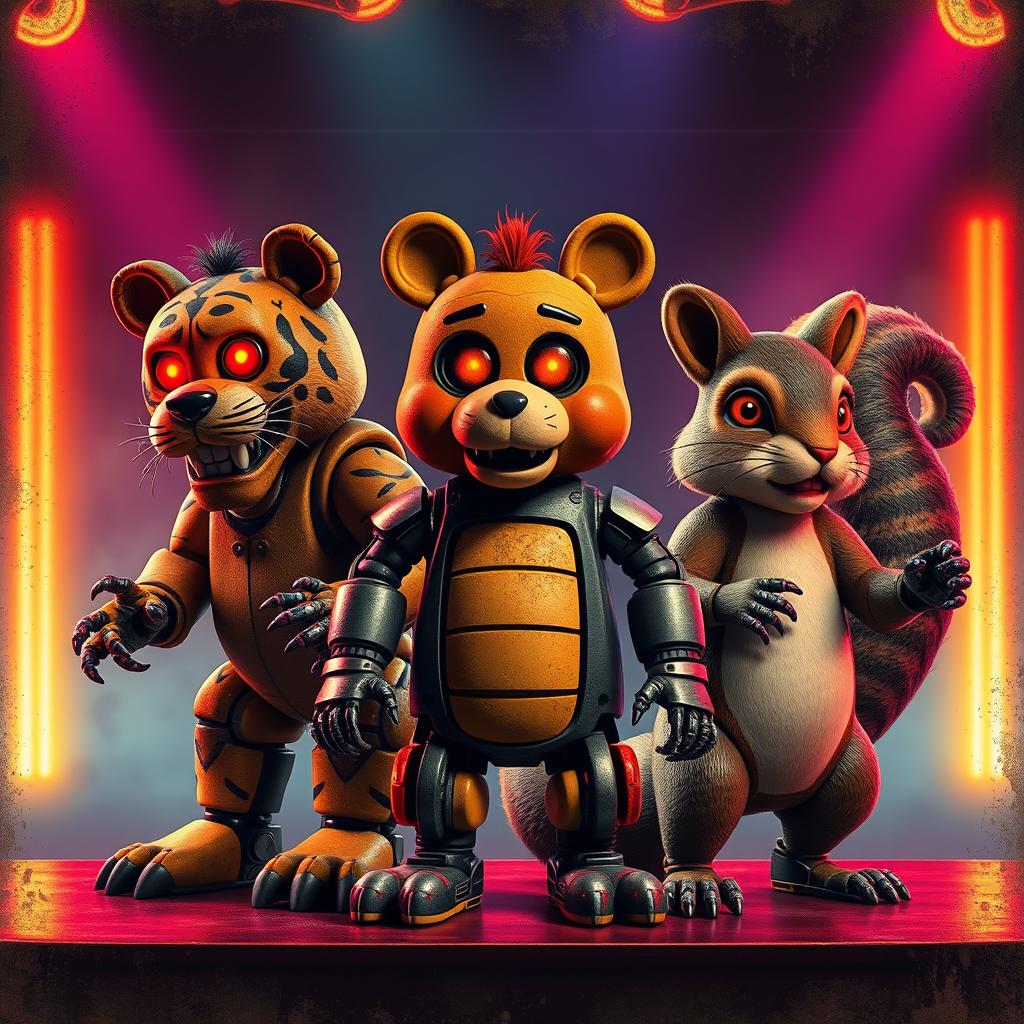 An 80s-themed poster featuring three animatronic characters inspired by Five Nights at Freddy's, designed to capture a gritty and nostalgic vibe