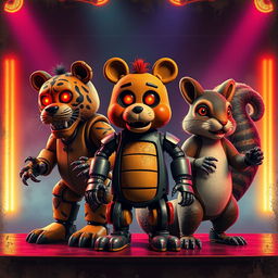 An 80s-themed poster featuring three animatronic characters inspired by Five Nights at Freddy's, designed to capture a gritty and nostalgic vibe