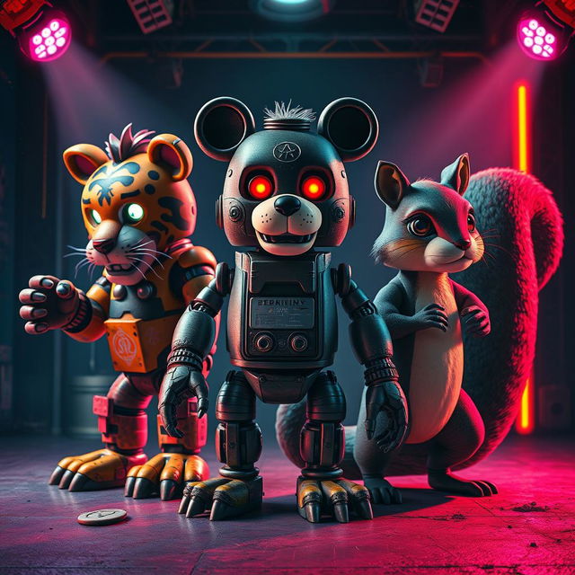 An 80s-themed poster featuring three animatronic characters inspired by Five Nights at Freddy's, designed to capture a gritty and nostalgic vibe