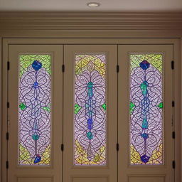 A luxurious walk-in closet with intricate stained glass windows letting in soft, colorful light.