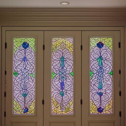 A luxurious walk-in closet with intricate stained glass windows letting in soft, colorful light.