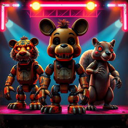 An 80s-themed poster featuring three animatronic characters inspired by Five Nights at Freddy's, designed to capture a gritty and nostalgic vibe