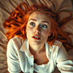 A woman with captivating green eyes and striking red hair, fully clothed, is laying on a bed in alluring orange sunset light