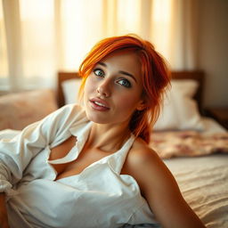 A woman with captivating green eyes and striking red hair, fully clothed, is laying on a bed in alluring orange sunset light