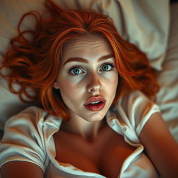 A woman with captivating green eyes and striking red hair, fully clothed, is laying on a bed in alluring orange sunset light