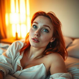 A woman with captivating green eyes and striking red hair, fully clothed, is laying on a bed in alluring orange sunset light