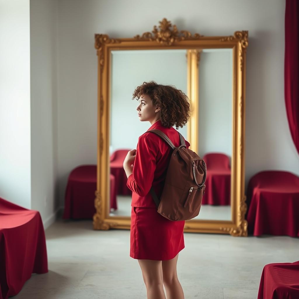 A young woman with curly brown hair dressed in a red uniform stands in front of a large golden mirror in a room with white walls and furniture covered with red sheets