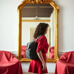 A young woman with curly brown hair dressed in a red uniform stands in front of a large golden mirror in a room with white walls and furniture covered with red sheets