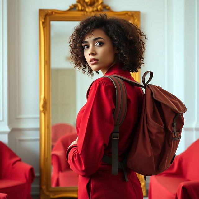 A young woman with curly brown hair dressed in a red uniform stands in front of a large golden mirror in a room with white walls and furniture covered with red sheets