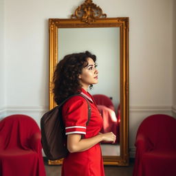 A young woman with curly brown hair dressed in a red uniform stands in front of a large golden mirror in a room with white walls and furniture covered with red sheets