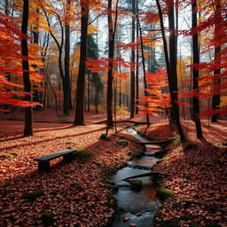 A serene landscape view of a quiet forest in autumn, filled with a rich tapestry of colors from vibrant orange and red leaves, against a backdrop of tall, majestic trees