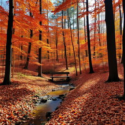 A serene landscape view of a quiet forest in autumn, filled with a rich tapestry of colors from vibrant orange and red leaves, against a backdrop of tall, majestic trees