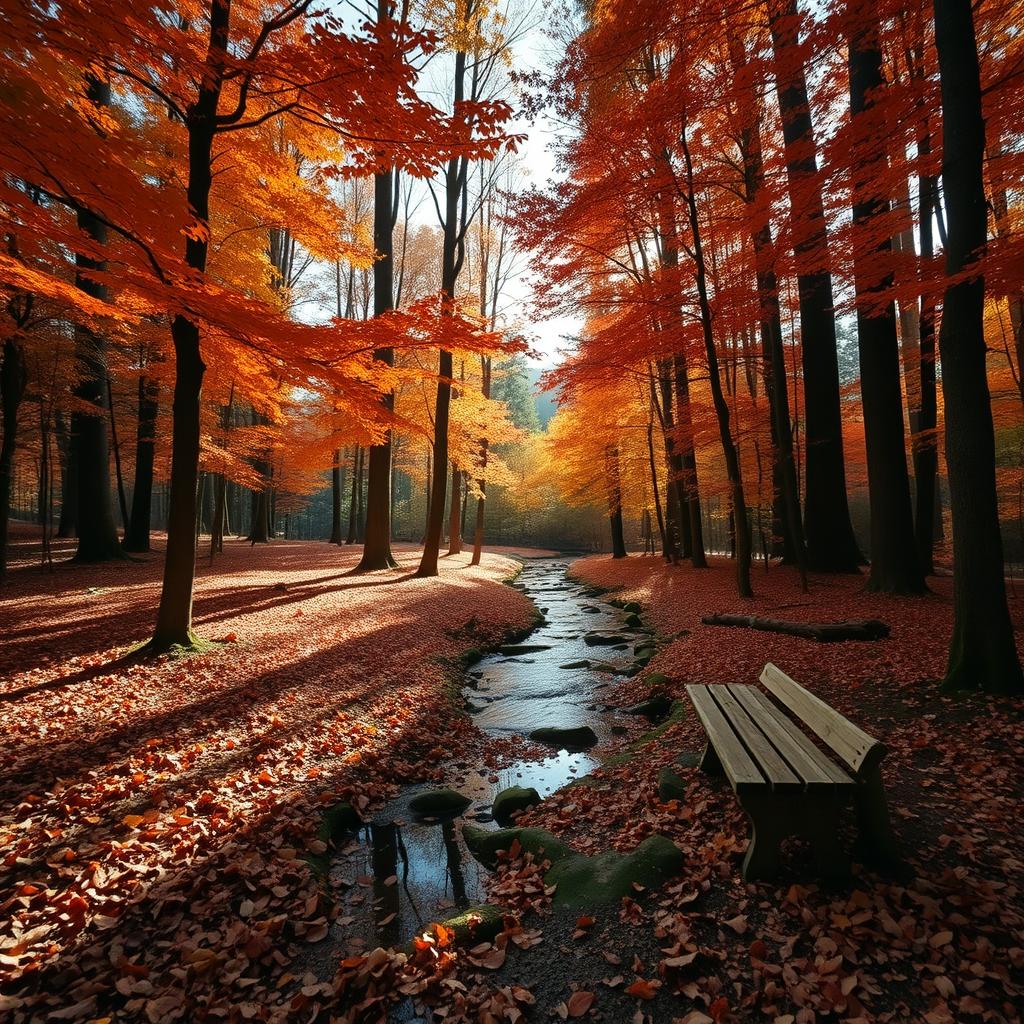 A serene landscape view of a quiet forest in autumn, filled with a rich tapestry of colors from vibrant orange and red leaves, against a backdrop of tall, majestic trees