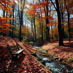 A serene landscape view of a quiet forest in autumn, filled with a rich tapestry of colors from vibrant orange and red leaves, against a backdrop of tall, majestic trees