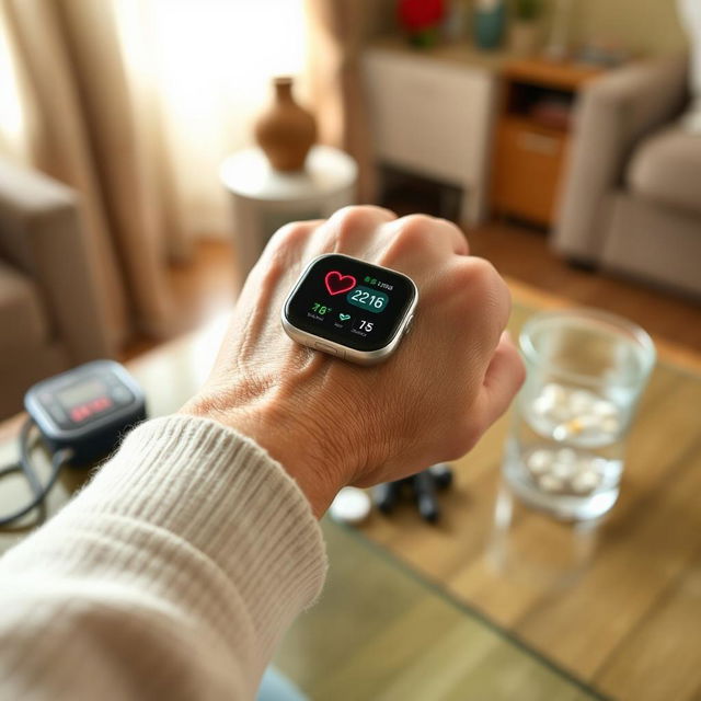 A close-up of an elderly person's wrist adorned with a digital smartwatch displaying heart rate readings