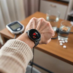 A close-up of an elderly person's wrist adorned with a digital smartwatch displaying heart rate readings