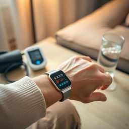 A close-up of an elderly person's wrist adorned with a digital smartwatch displaying heart rate readings