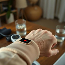 A close-up of an elderly person's wrist adorned with a digital smartwatch displaying heart rate readings