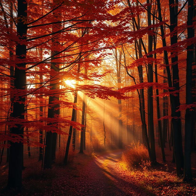 A stunning photograph of a Scandinavian forest in autumn, with vibrant orange and red leaves covering the trees