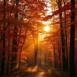 A stunning photograph of a Scandinavian forest in autumn, with vibrant orange and red leaves covering the trees