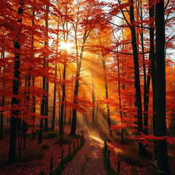 A stunning photograph of a Scandinavian forest in autumn, with vibrant orange and red leaves covering the trees